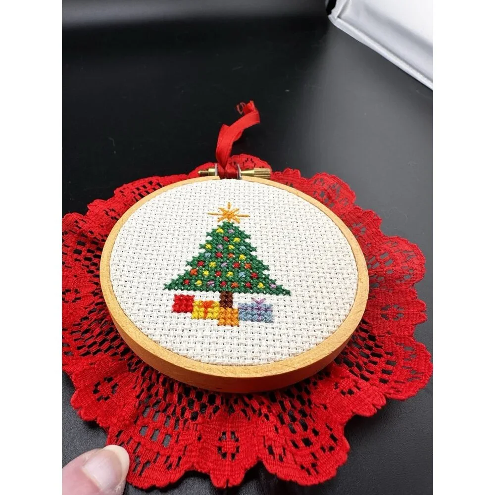 Completed Xmas Tree Cross Stitch Embroidery Christmas Ornament Hoop Red Lace